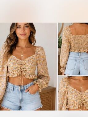 Show Me Your MuMu Cream Multi Floral Smocked Puff-Sleeve Crop Top long sleeves m